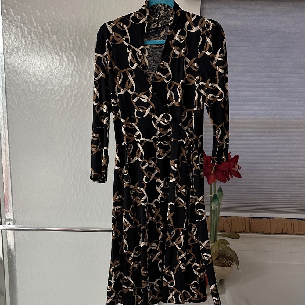 NWOT Banana Republic Elegant Black and Brown Patterned Faux wrap Dress, L